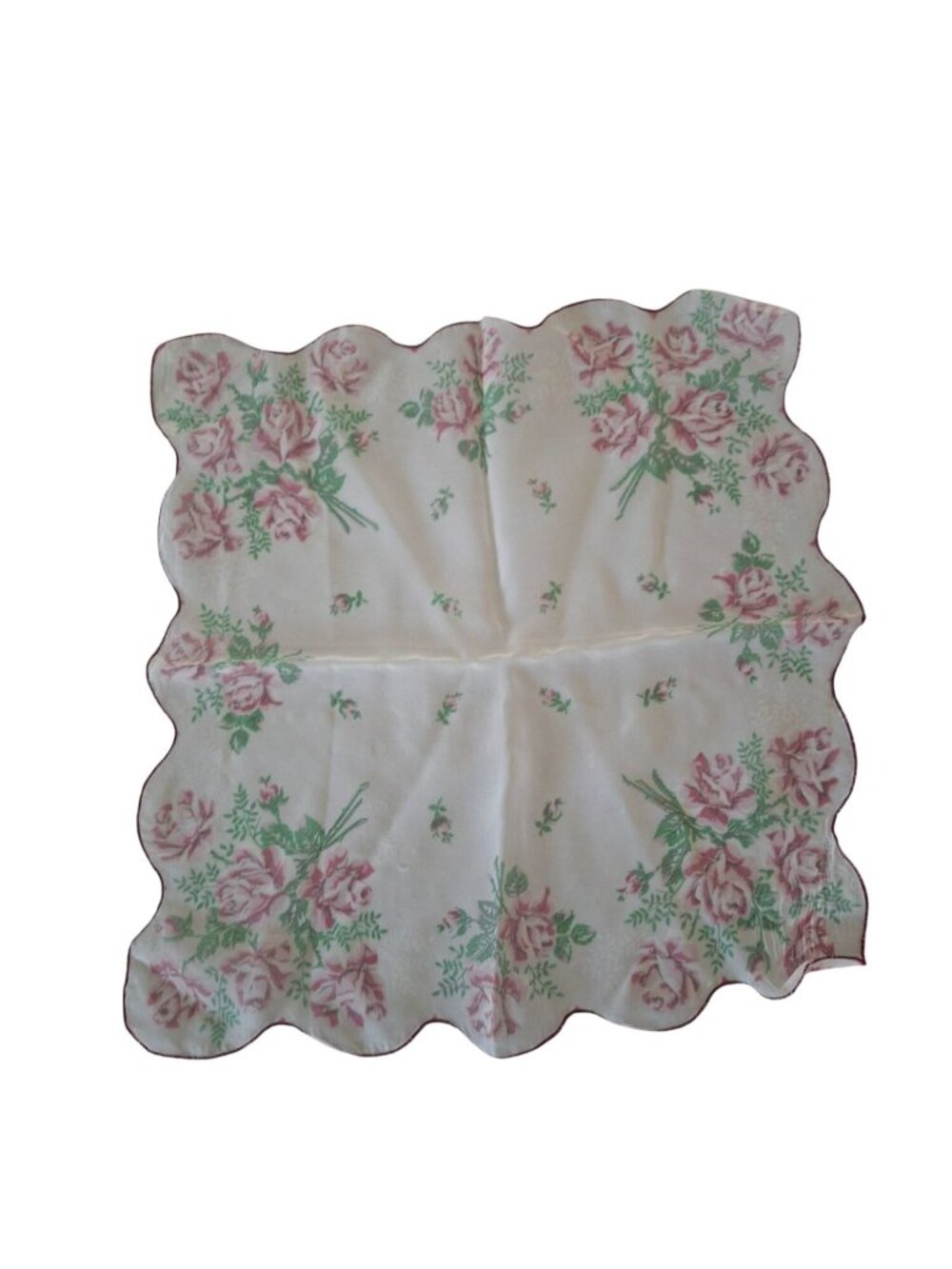 Vintage Floral Handkerchief Pink Roses Cottagecore Scalloped Edge Hankie 12"